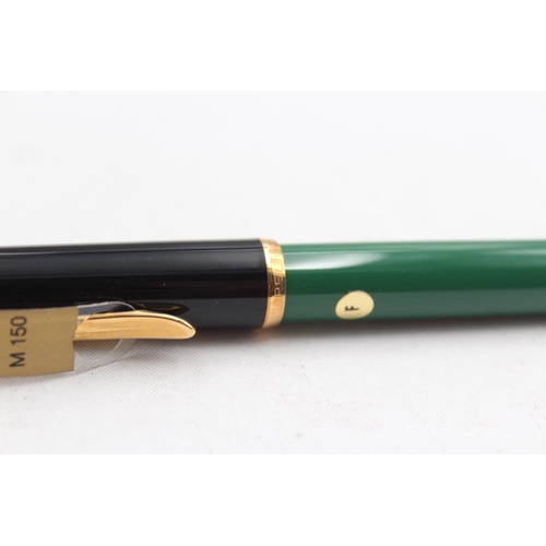 300 - Vintage PELIKAN M-150 Green & Black Fountain Pen w/ F Gold Plate Nib WRITING