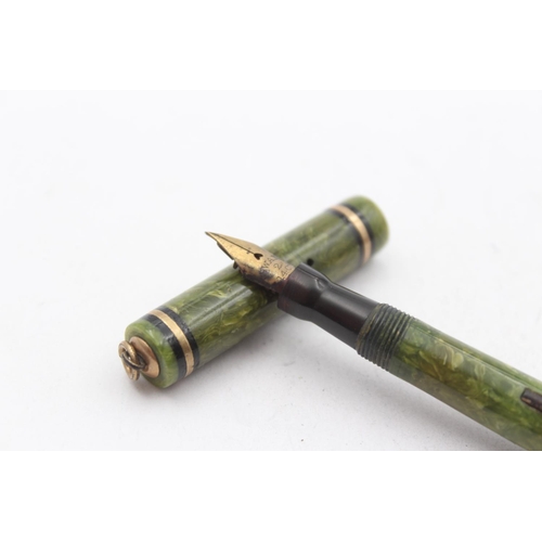 323 - Vintage MABIE TODD Swan Self Filling Green Lacquer Fountain Pen w/ 14ct Nib