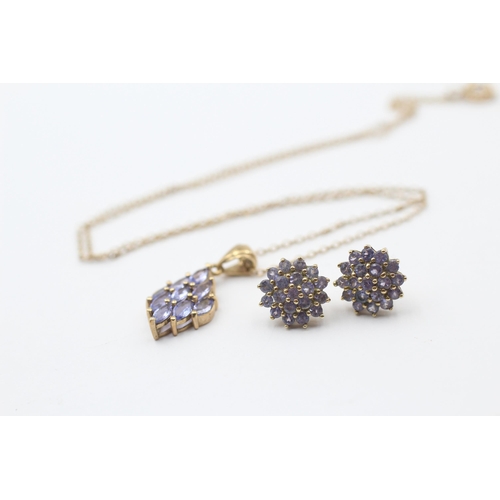 10 - 9ct Gold Tanzanite Cluster Pendant Necklace & Stud Earrings Set (4.6g)
