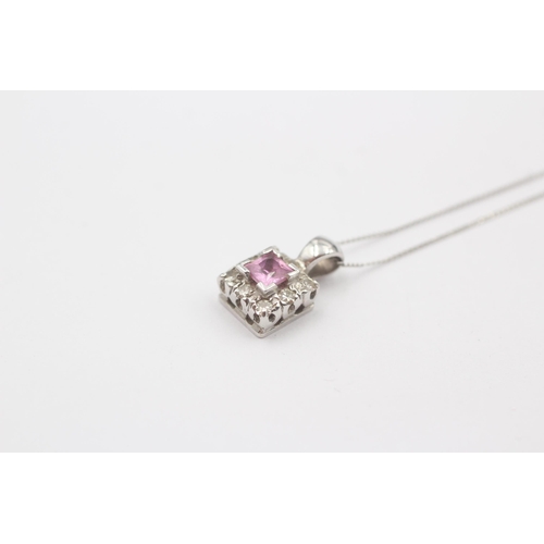 115 - 9ct White Gold Diamond & Pink Sapphire Pendant Necklace (2g)