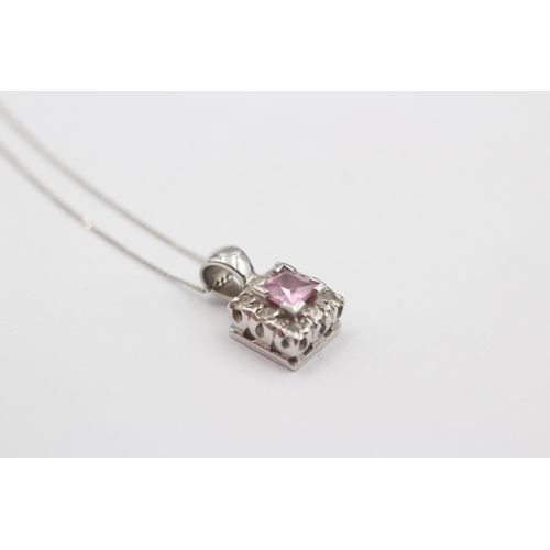 115 - 9ct White Gold Diamond & Pink Sapphire Pendant Necklace (2g)