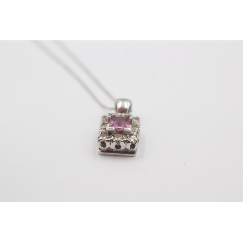 115 - 9ct White Gold Diamond & Pink Sapphire Pendant Necklace (2g)