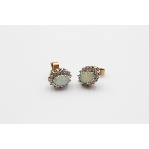 116 - 9ct Gold Diamond & White Opal Oval Cluster Stud Earrings (1.6g)