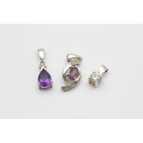 123 - 3 X 9ct White Gold Diamond & Amethyst Pendants (2.1g)