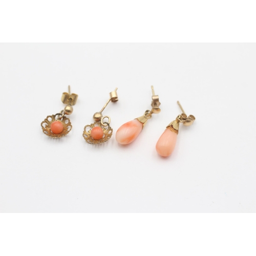 124 - 2 X 9ct Gold Pink Coral Drop Earrings (2.4g)