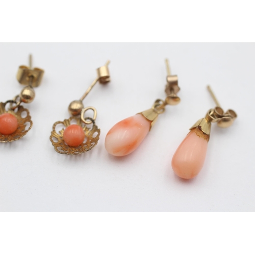 124 - 2 X 9ct Gold Pink Coral Drop Earrings (2.4g)