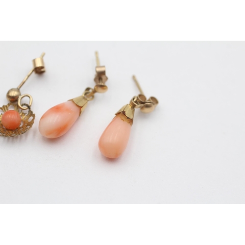 124 - 2 X 9ct Gold Pink Coral Drop Earrings (2.4g)