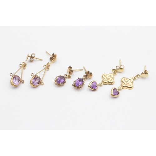 131 - 3 X 9ct Gold Amethyst Earrings (2.4g)