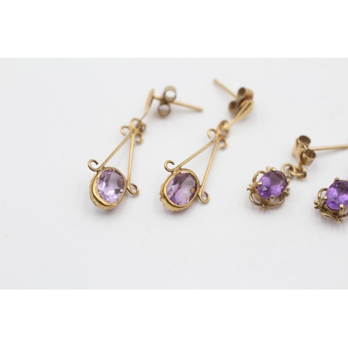 131 - 3 X 9ct Gold Amethyst Earrings (2.4g)