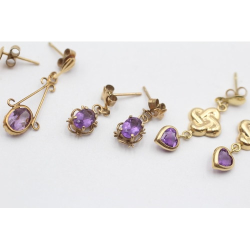 131 - 3 X 9ct Gold Amethyst Earrings (2.4g)