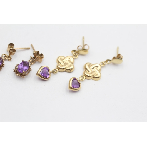 131 - 3 X 9ct Gold Amethyst Earrings (2.4g)