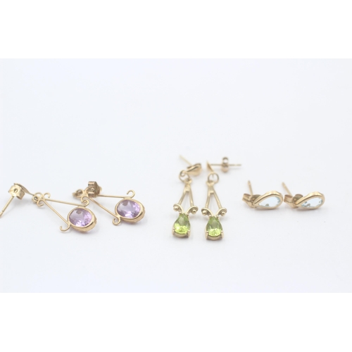 140 - 3 X 9ct Gold Topaz, Peridot And Amethyst Set Earrings (2.4g)