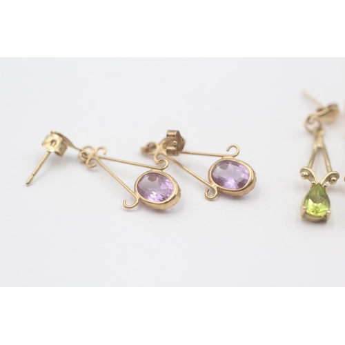 140 - 3 X 9ct Gold Topaz, Peridot And Amethyst Set Earrings (2.4g)