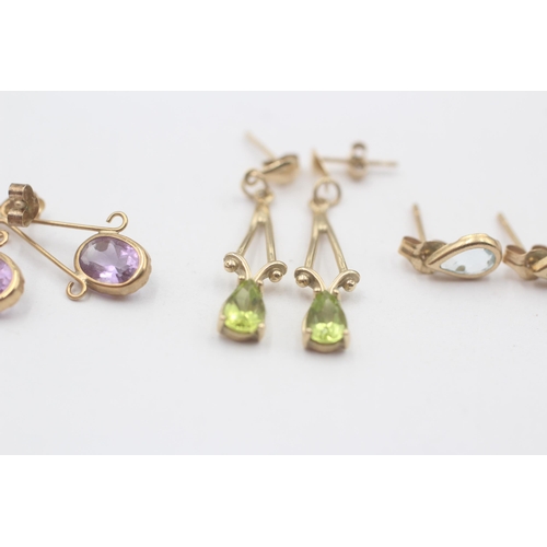 140 - 3 X 9ct Gold Topaz, Peridot And Amethyst Set Earrings (2.4g)