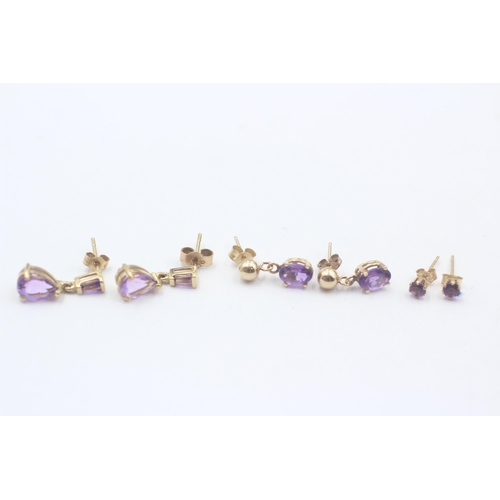 142 - 3 X 9ct Gold Amethyst Set Earrings (2.4g)