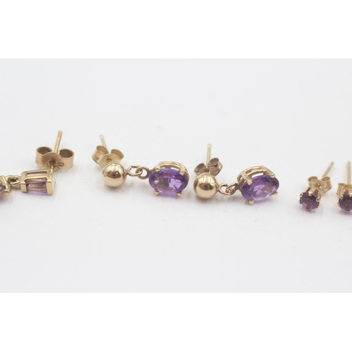 142 - 3 X 9ct Gold Amethyst Set Earrings (2.4g)