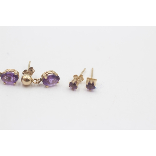 142 - 3 X 9ct Gold Amethyst Set Earrings (2.4g)