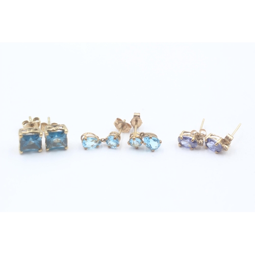 143 - 3 X 9ct Gold Topaz, London Blue Topaz, Iolite And Diamond Set Earrings (3g)