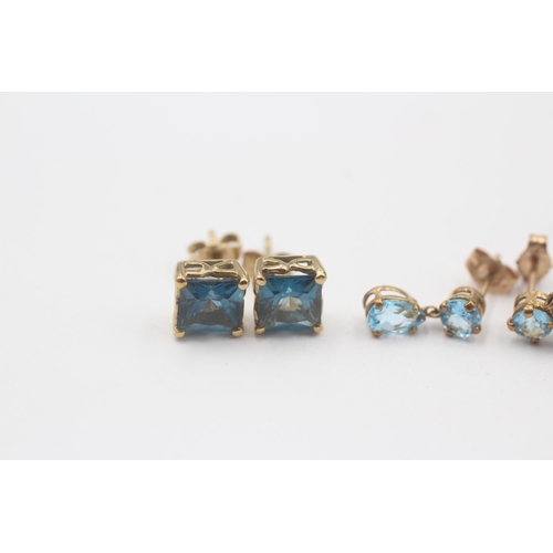 143 - 3 X 9ct Gold Topaz, London Blue Topaz, Iolite And Diamond Set Earrings (3g)