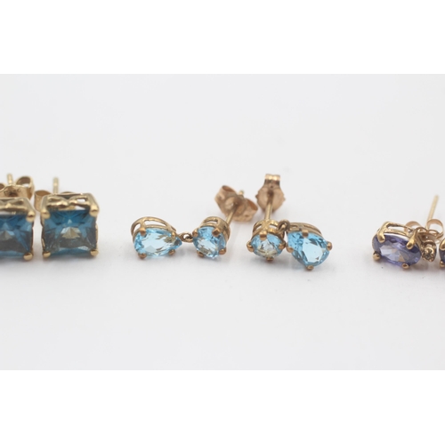 143 - 3 X 9ct Gold Topaz, London Blue Topaz, Iolite And Diamond Set Earrings (3g)