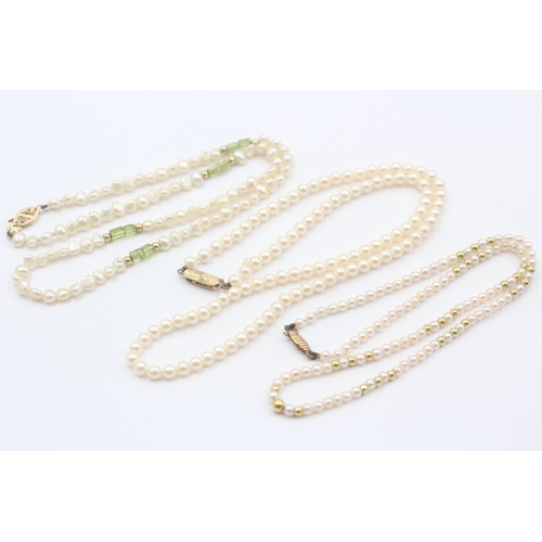 144 - 3 X 9ct Gold Clasped Cultured Pearl Necklaces (25g)