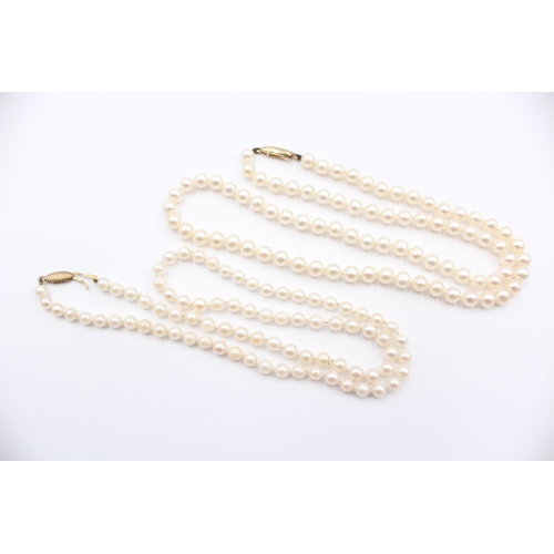 145 - 2 X 9ct Gold Clasped Cream Cultured Pearl Set Necklaces