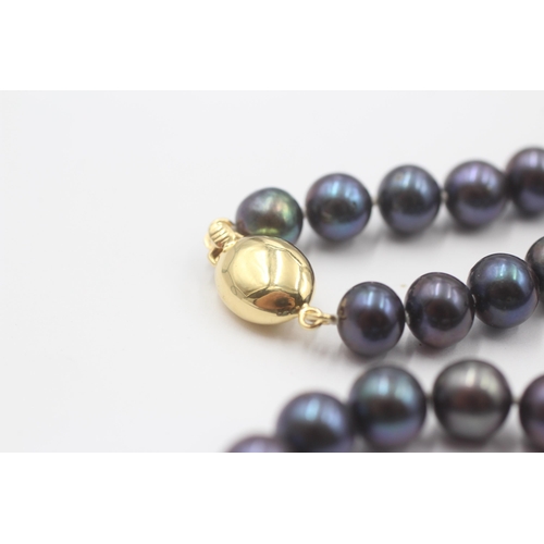 146 - 2 X 14ct Gold Clasped Black Cultured Pearl Set Necklaces (73.6g)