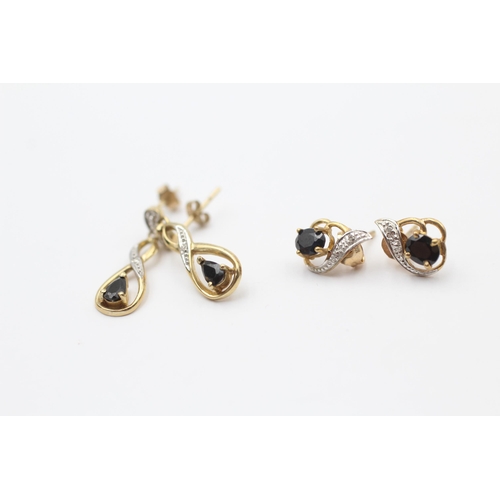 16 - 2 X 9ct Gold Paired Sapphire & Diamond Earrings (2.8g)