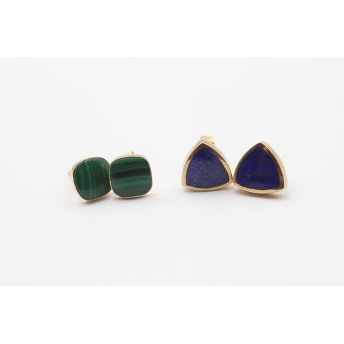 17 - 2 X 9ct Gold Paired Gemstone Earrings Inc. Lapis Lazuli & Malachite (4.4g)