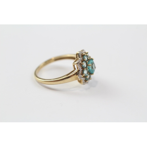 2 - 9ct Gold Diamond & Apatite Floral Cluster Ring (2.2g) Size  K