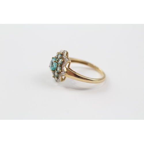 2 - 9ct Gold Diamond & Apatite Floral Cluster Ring (2.2g) Size  K