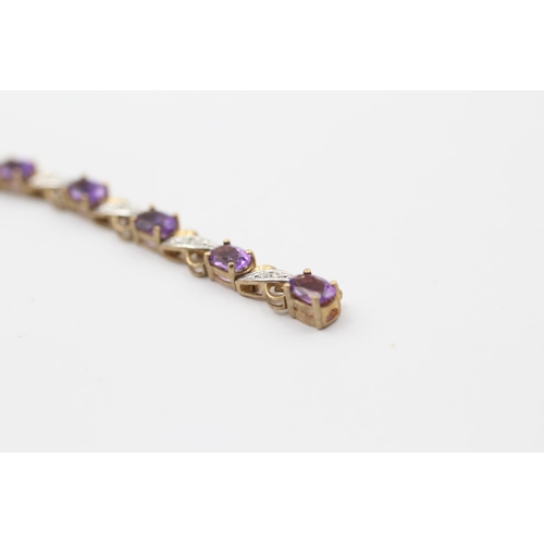 47 - 9ct Gold Diamond & Amethyst Fancy Link Bracelet (8.7g)