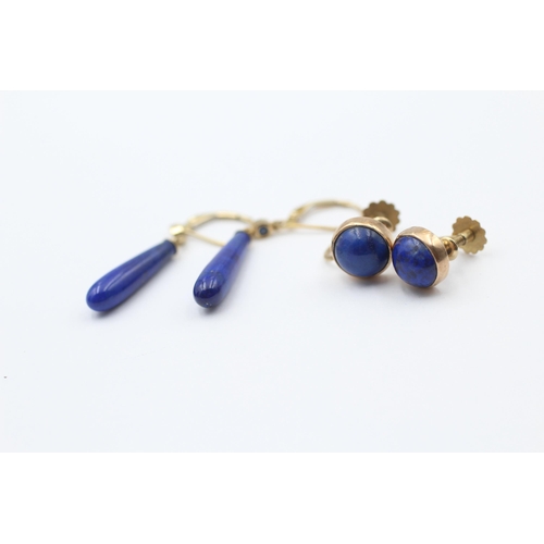 62 - 2 X 9ct Gold Paired Lapis Lazuli Earrings Inc. Drop & Screw-Back (5.8g)