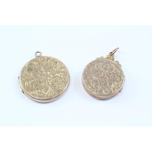 65 - 2 X 9ct Back & Front Gold Vintage Foliate Etched Ornate Round Lockets (7.3g)