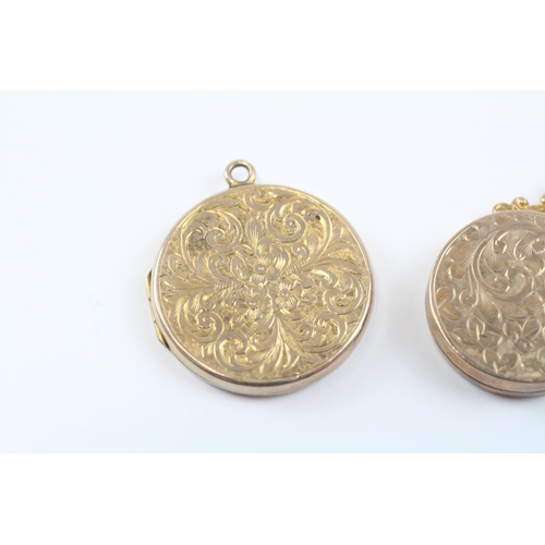 65 - 2 X 9ct Back & Front Gold Vintage Foliate Etched Ornate Round Lockets (7.3g)