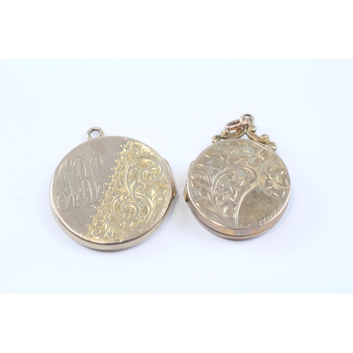 65 - 2 X 9ct Back & Front Gold Vintage Foliate Etched Ornate Round Lockets (7.3g)