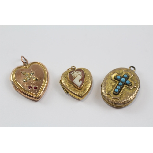 67 - 3 X 9ct Back & Front Gold Vintage Lockets Inc. Paste, Turquoise & Cameo (14.1g)