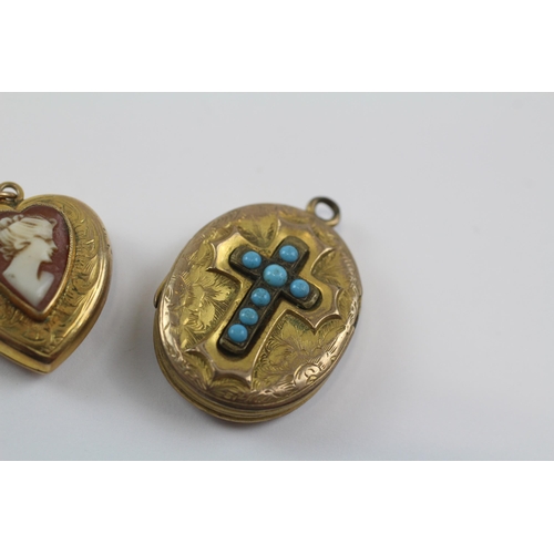 67 - 3 X 9ct Back & Front Gold Vintage Lockets Inc. Paste, Turquoise & Cameo (14.1g)