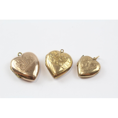 68 - 3 X 9ct Back & Front Gold Vintage Etched Heart Lockets (9.7g)