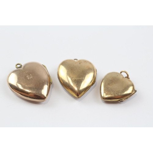 68 - 3 X 9ct Back & Front Gold Vintage Etched Heart Lockets (9.7g)