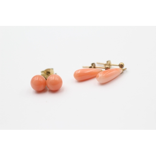 7 - 2 X 9ct Gold Paired Coral Earrings Inc. Stud & Drop (1.9g)