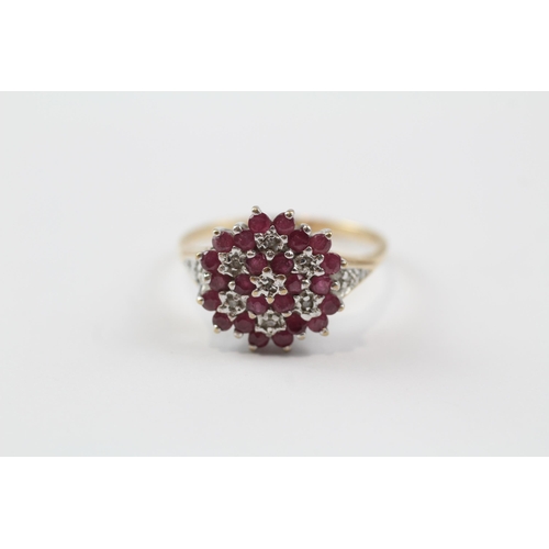 78 - 9ct Gold Diamond & Ruby Floral Cluster Ring (3.6g) Size  S 1/2