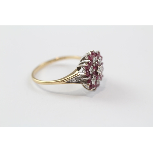 78 - 9ct Gold Diamond & Ruby Floral Cluster Ring (3.6g) Size  S 1/2