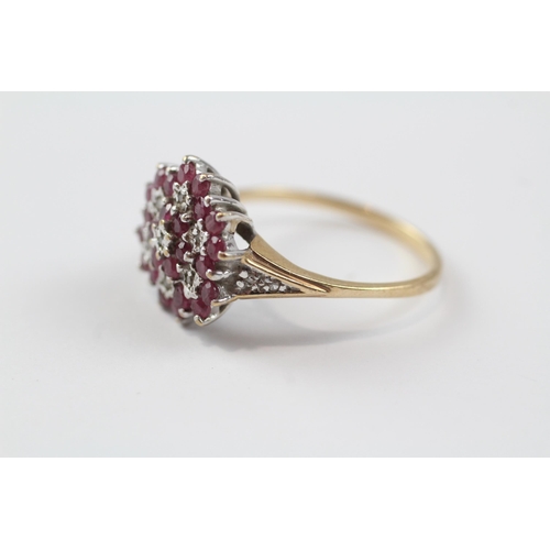 78 - 9ct Gold Diamond & Ruby Floral Cluster Ring (3.6g) Size  S 1/2