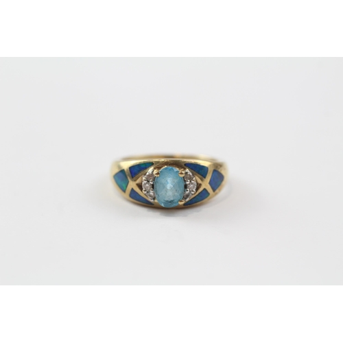 88 - 9ct Gold Diamond, Blue Topaz & Opal Dress Ring (4g) Size  O