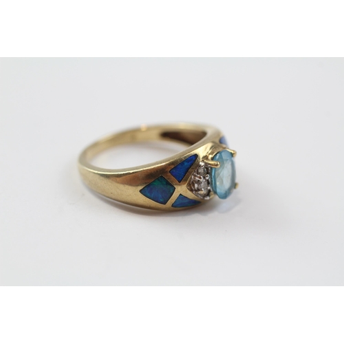 88 - 9ct Gold Diamond, Blue Topaz & Opal Dress Ring (4g) Size  O