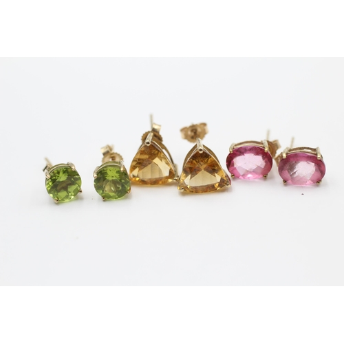 9 - 3 X 9ct Gold Paired Gemstone Stud Earrings Inc. Coated Pink Topaz, Citrine & Peridot (5g)
