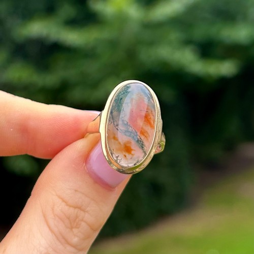 85 - 9ct Gold Moss Agate Single Stone Ring (4.4g) Size Q