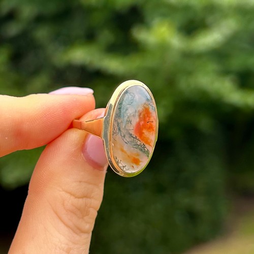 85 - 9ct Gold Moss Agate Single Stone Ring (4.4g) Size Q