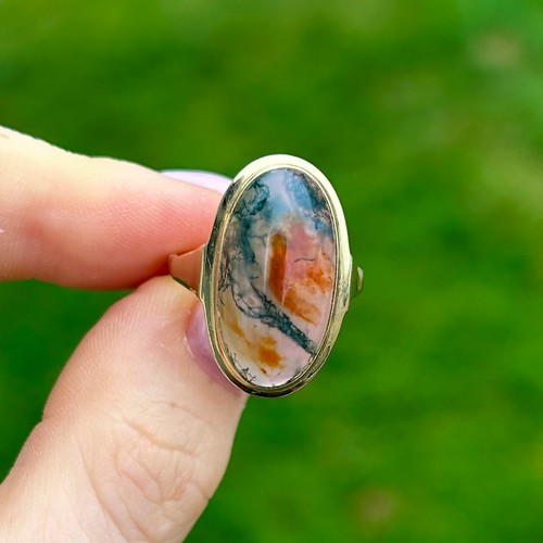 85 - 9ct Gold Moss Agate Single Stone Ring (4.4g) Size Q